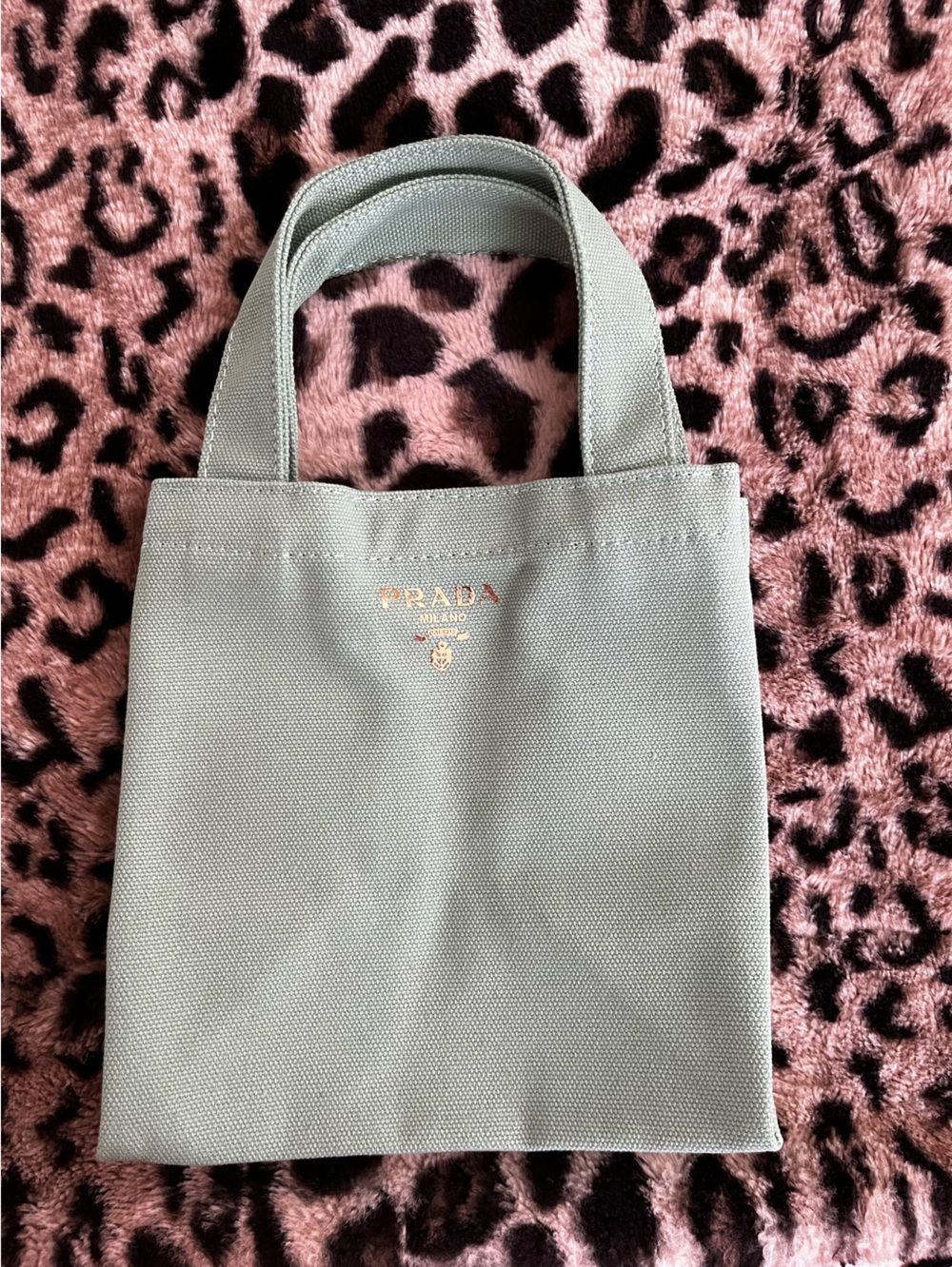 Prada Light Green Canvas Tote with Gold Logo Accent GWP
